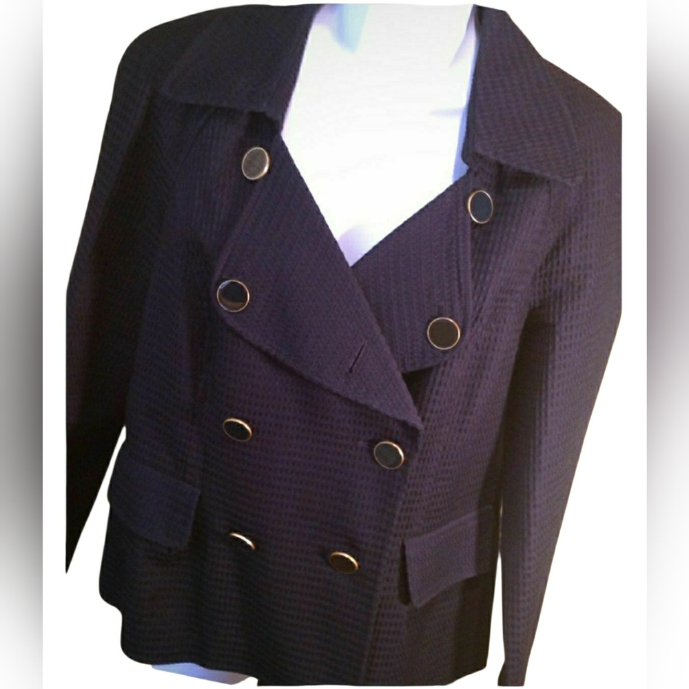 TALBOTS NAVY SHORT WAIST BLAZER DOUBLE BREASTED WAFFLE WEAVE 2 LOOKS
